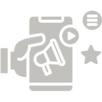 Hand holding smartphone with marketing icons.